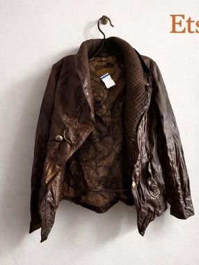 Boho Style Jacket, Rich Brown Finish, Timeless Leather, Oversized Rib Knit